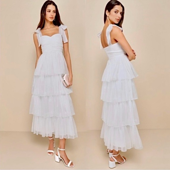 Lulus Dresses & Skirts - Lulus Radiant Arrival Shiny White Organza Tiered Tie Strap Maxi Dress Size M NWT